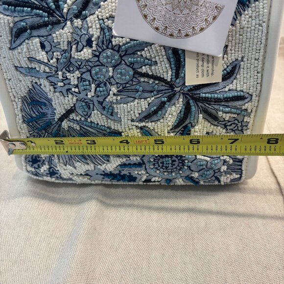 Viral Beaded Satchel bag w/ Bamboo Handles - Made in India - Blue and White - Picture 10 of 12